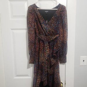 NWT EXPRESS metallic printed faux wrap ruffle hi-lo maxi dress